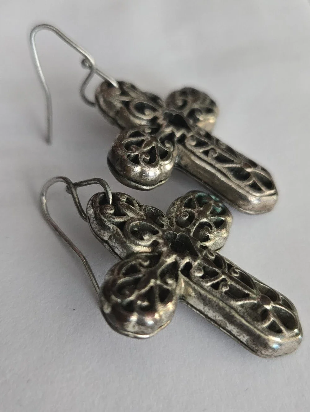 Vintage Filigree Cross‎ Earrings Silver Tone Boho Western Gothic Dangle Earrings